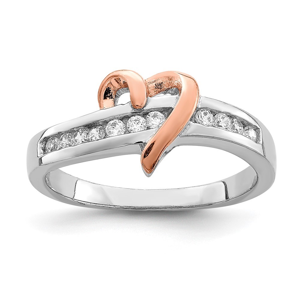 925 Sterling Silver Rhodium-plated Vermeil Polished Heart CZ Ring